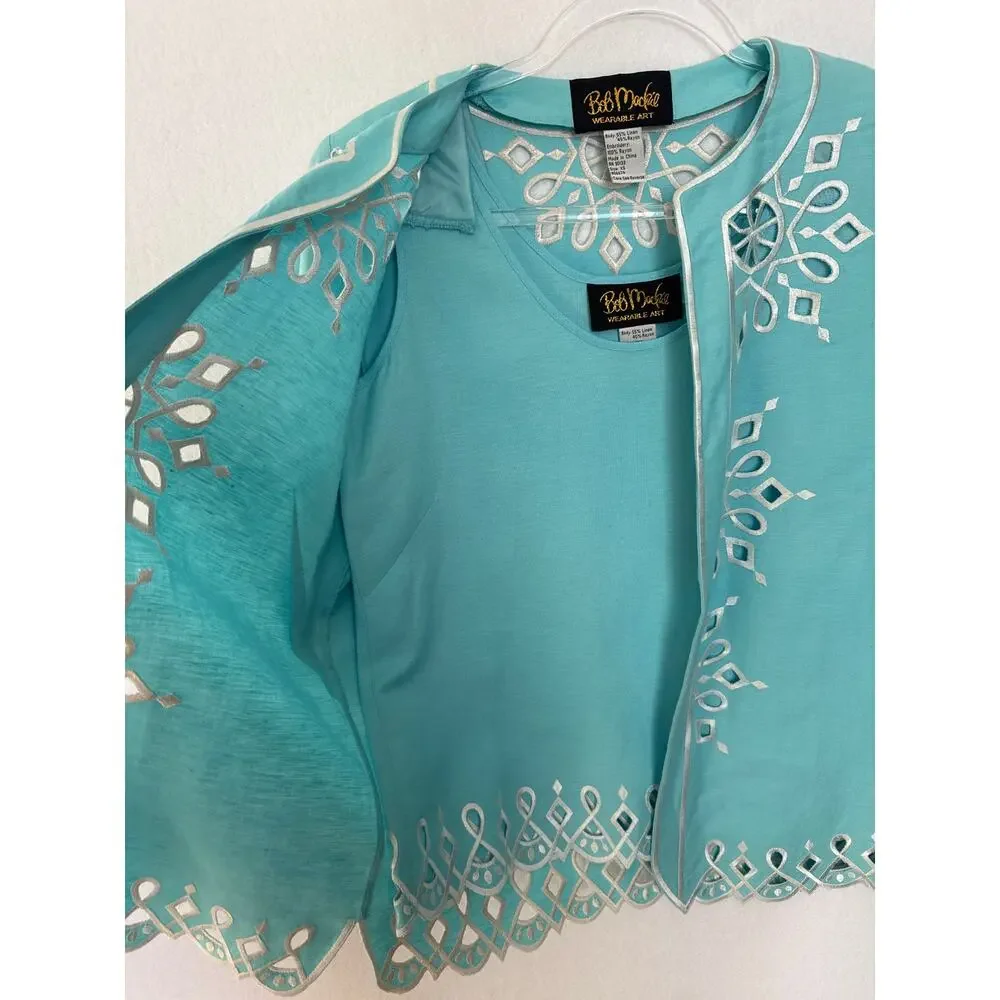 Bob Mackie Wearable Art 2000s Turquoise Linen Embroidered Twin Set XS